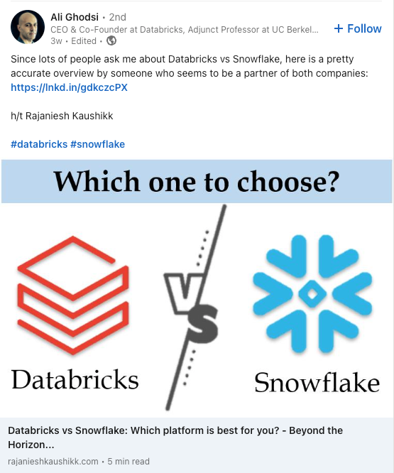 A screenshot of a LinkedIn post by Ali Ghodsi CEO and Co-founder of Databricks. To read the post please follow the link.
