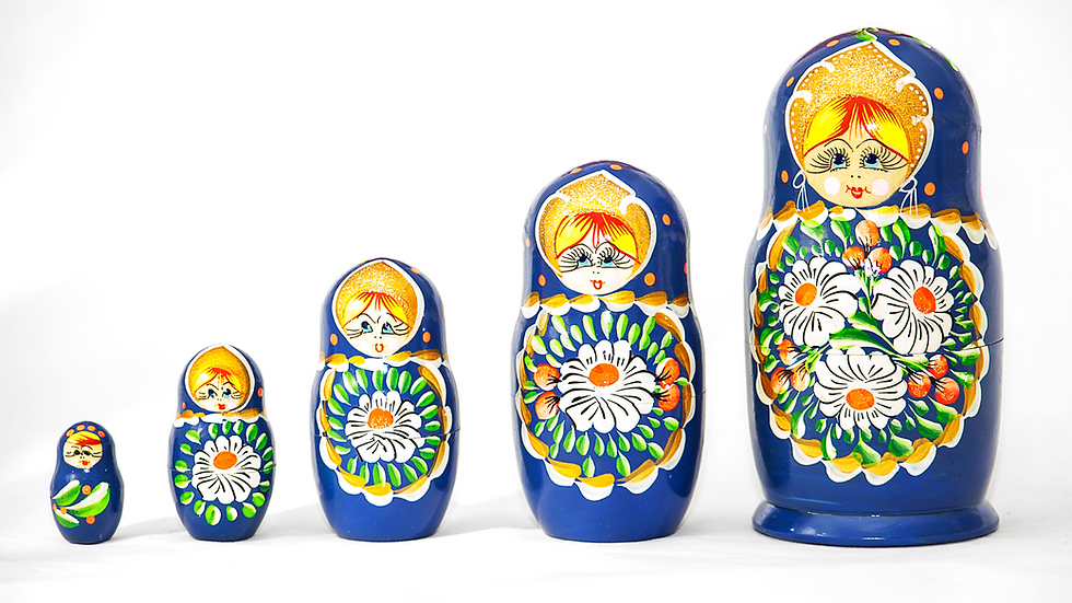 Matryoshka Dolls lined up from smaller to bigger