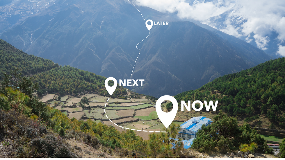 Showing a roadmap as climbing a mountain with points in a journey marked: Now, Nexter, and Later